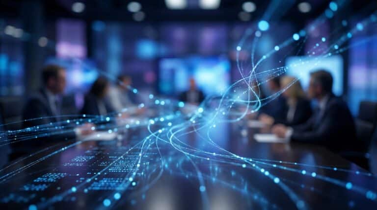 Besprechung in einem Konferenzraum, darüber leuchtende digitale Datenlinien als Symbol für KI im Unternehmen